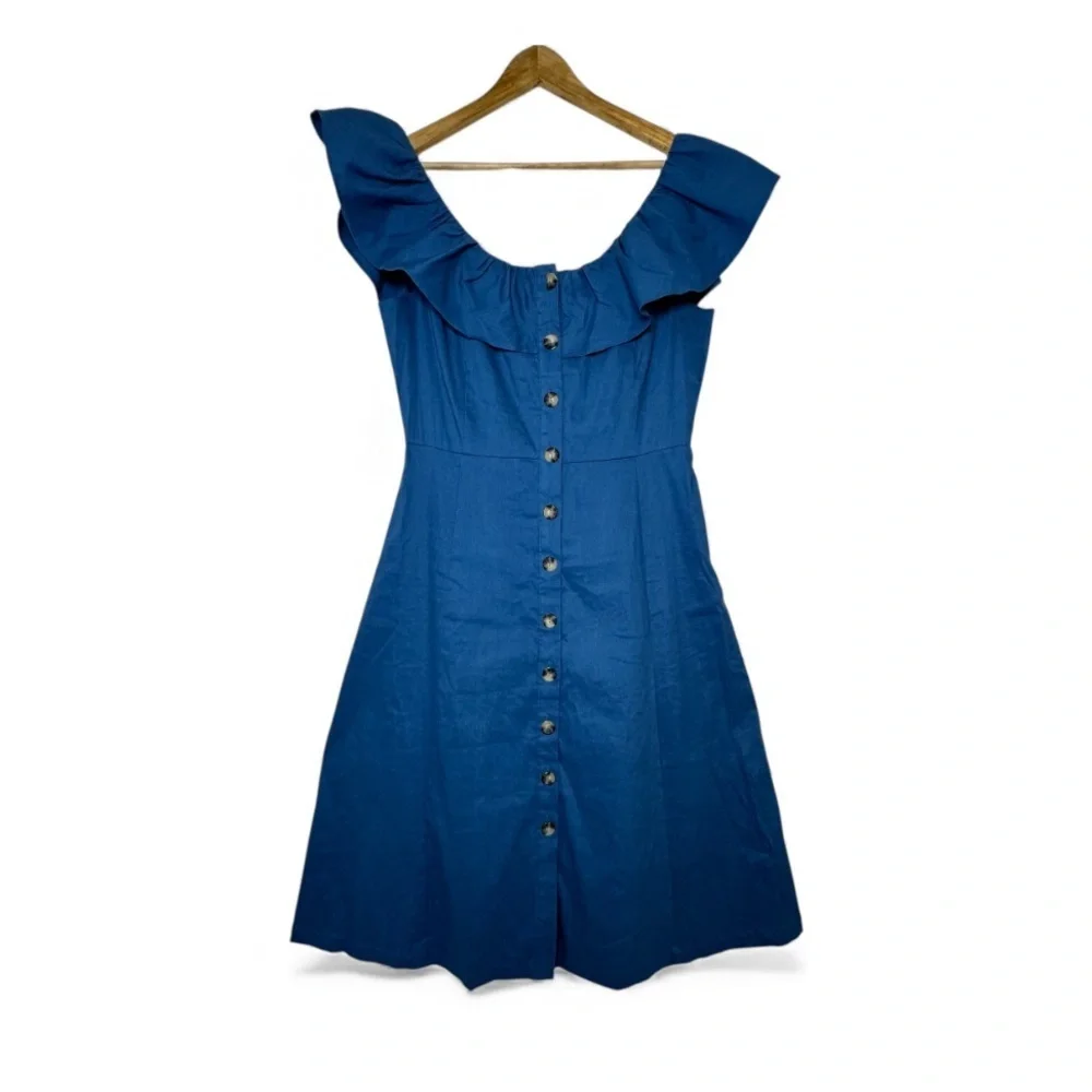 ANTONIO MELANI Ember Linen  Blue Button-Front Midi Dress - Picture 3 of 12